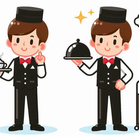 Illustration of a waiter and a waiter holding a cloche.のイラスト素材