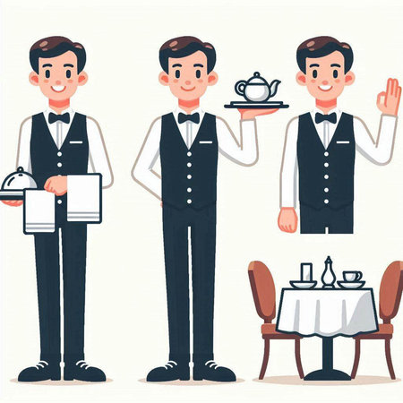 Waiter and waiter set. Vector illustration in flat cartoon style.のイラスト素材