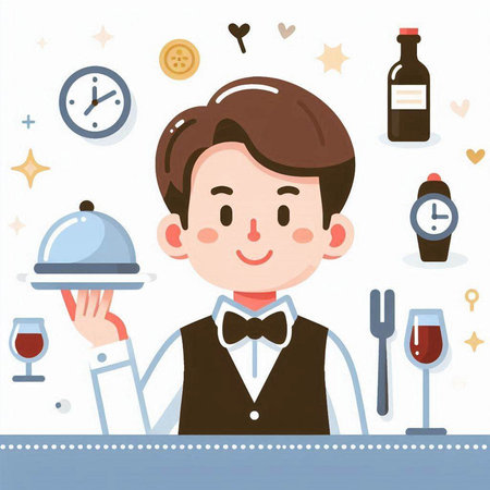 Waiter with set of icons in flat style. Vector illustration.のイラスト素材