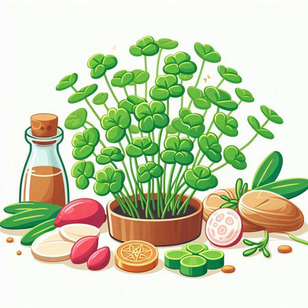 Illustration of green microgreens in a bowl on a white backgroundのイラスト素材
