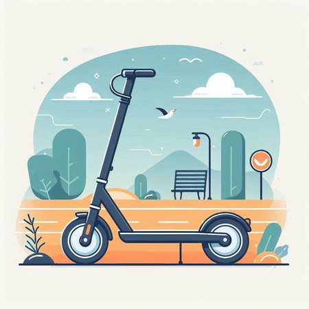 Modern scooter in the park. Vector illustration. Flat style.のイラスト素材