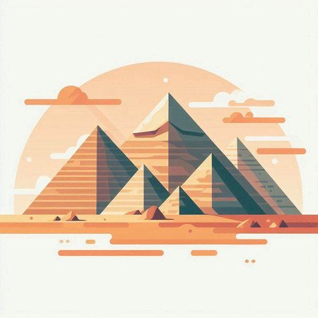 Egyptian pyramids at sunset. Vector illustration in flat style.のイラスト素材