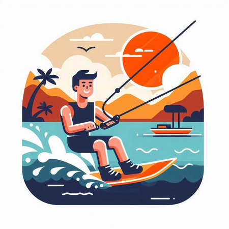 Kitesurfing. Young man riding a kite on the water. Vector illustration in flat styleのイラスト素材