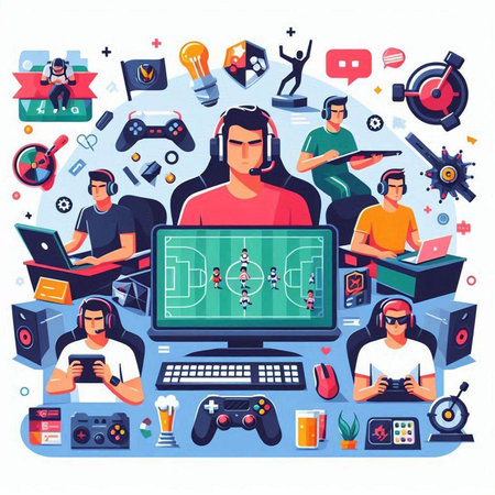 Online gaming and entertainment concept with people playing video games on computer. Vector illustrationのイラスト素材
