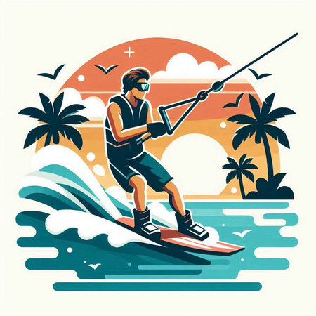 Vector illustration of a man wakeboarding on the sea against the backdrop of palm trees.のイラスト素材