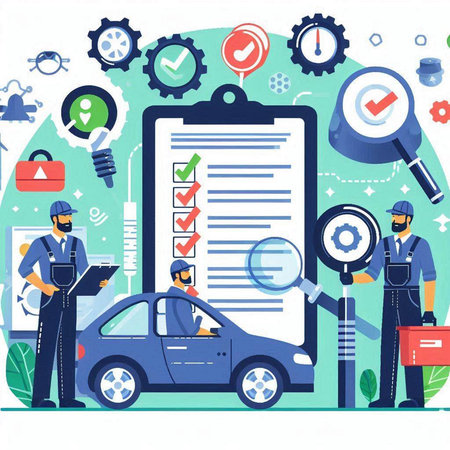 Car service, auto repair service vector illustration. Mechanic with magnifier, magnifying glass and clipboard with checklist, car diagnostics, check mark, inspection, diagnostics.のイラスト素材