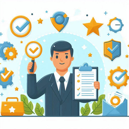 Businessman with checklist and icons. Vector illustration in flat style.のイラスト素材