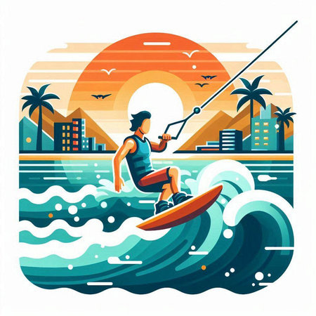 Man on a wakeboard in the sea. Vector illustration in flat styleのイラスト素材