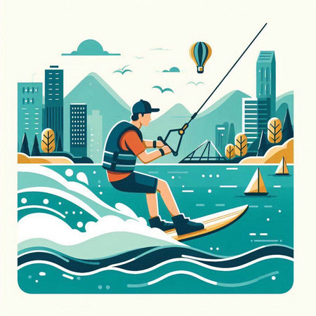 Man wakeboarding in the city. Vector illustration in flat style.のイラスト素材