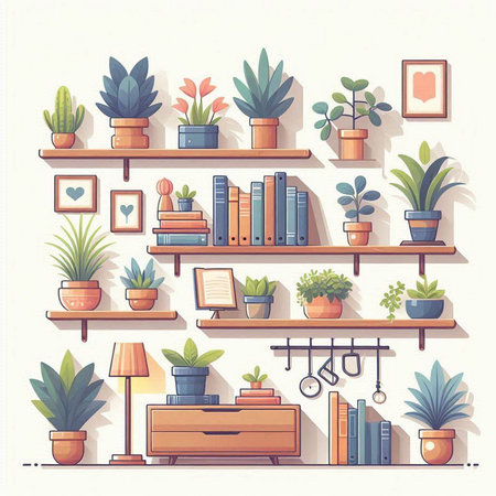 Flowers and plants in pots on bookshelf. Vector illustration.のイラスト素材