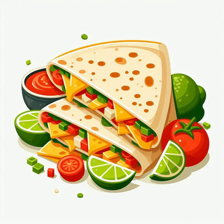Tortilla with cheese, tomato and cucumber. Vector illustration.のイラスト素材