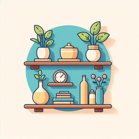Shelves with different home related objects. Vector illustration in flat styleのイラスト素材