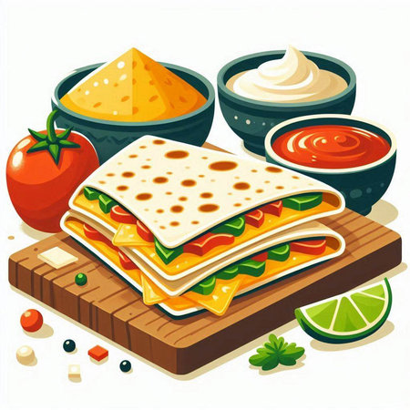 Mexican quesadilla on a wooden board. Vector illustration.のイラスト素材