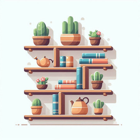 Bookshelf with books and cacti. Vector illustration.のイラスト素材