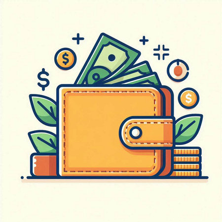 Wallet with money and leaves. Vector illustration in flat linear style.のイラスト素材