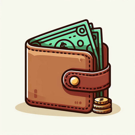 Purse with money and coins. Vector illustration in cartoon style.のイラスト素材