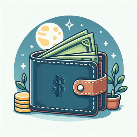 Wallet with money. Vector illustration of a purse with money and coins.のイラスト素材