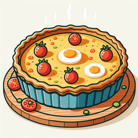 Illustration of a pie with eggs and tomatoes on a wooden boardのイラスト素材