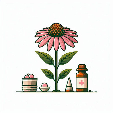 Illustration of Echinacea and cosmetics. Hand drawn vector illustration.のイラスト素材
