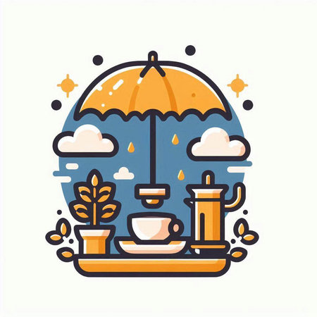 Coffee in the rain. Vector illustration in trendy linear style.のイラスト素材