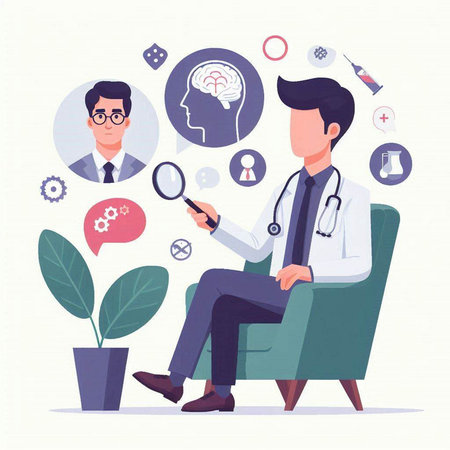 Doctor sitting in armchair and looking through magnifying glass. Vector illustrationのイラスト素材