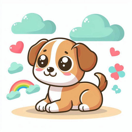 Cute puppy on a background of clouds and rainbow. Vector illustrationのイラスト素材