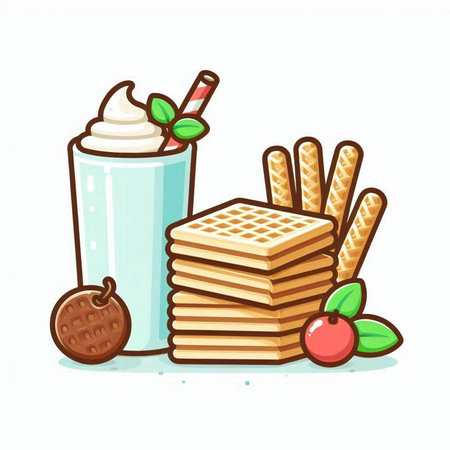 Illustration of a milk shake, wafer rolls and cookies.のイラスト素材