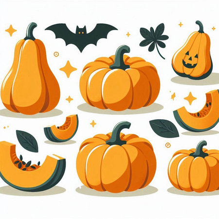 Set of pumpkins and bats on white background. Vector illustration.のイラスト素材