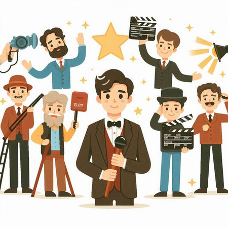 Journalist, journalist and cameraman. Vector illustration in cartoon styleのイラスト素材