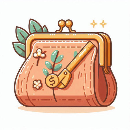 Purse with a key and flowers. Vector illustration in cartoon styleのイラスト素材