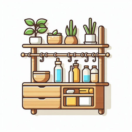 Wooden shelf with different houseplants and bottles. Vector illustration.のイラスト素材