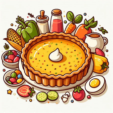 Illustration of a pie with fruits and vegetables on a white backgroundのイラスト素材