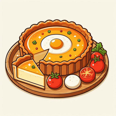 Vector illustration of a pie with egg, tomatoes, cheese and parsleyのイラスト素材