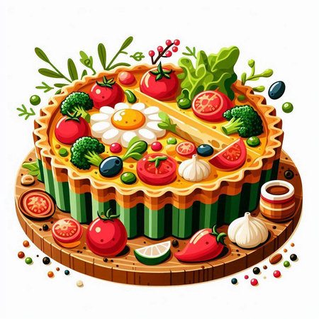 Tart with vegetables and eggs isolated on white background. Vector illustration.のイラスト素材