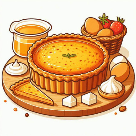 Illustration of a pie made of cottage cheese, eggs, milk and butterのイラスト素材