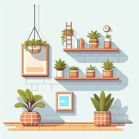 Flower shop interior with shelves and plants. Flat style vector illustration.のイラスト素材