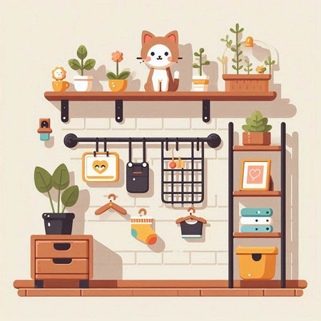 Flat design vector illustration concept of cozy home interior with cat, bookshelf, plants and accessories.のイラスト素材