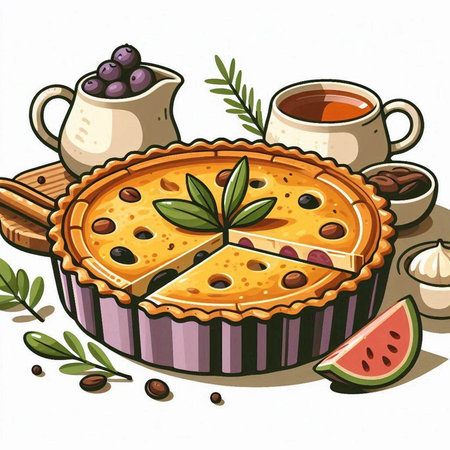 Illustration of a pie with berries and coffee on a white backgroundのイラスト素材