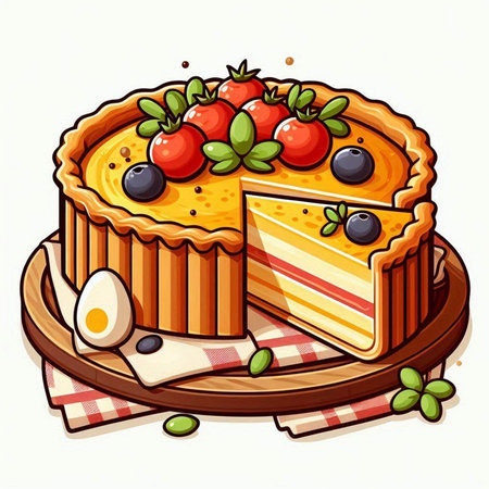 Illustration of a cake with berries and eggs on a white backgroundのイラスト素材