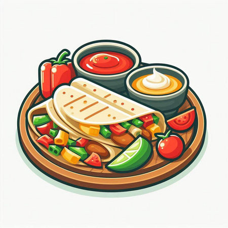 Mexican food. Vector illustration of tacos with vegetables and sauce.のイラスト素材