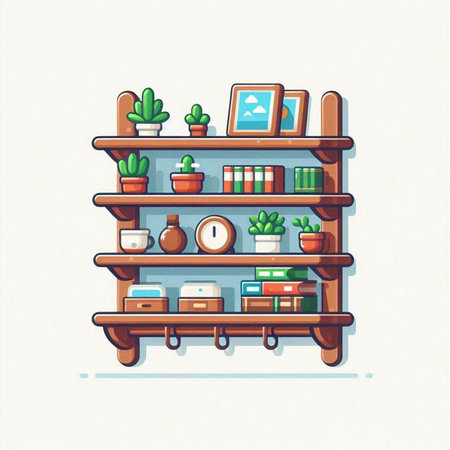 Shelves with books and home related objects. Vector illustration.のイラスト素材