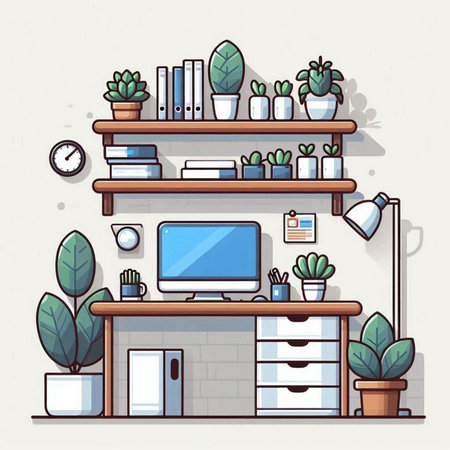 Flat design modern home office interior. Workplace with computer, bookshelf, plants and accessories. Vector illustration.のイラスト素材