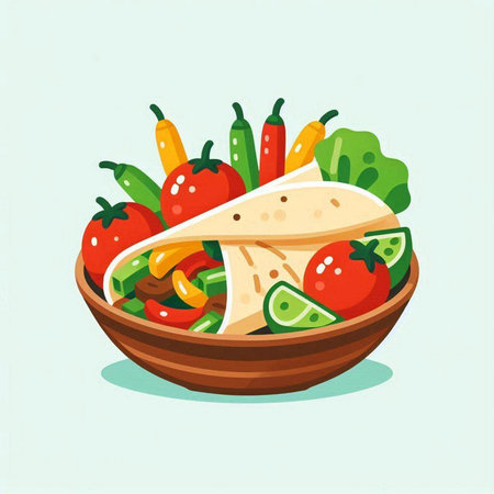 Mexican burrito in a bowl with vegetables. Vector illustration.のイラスト素材