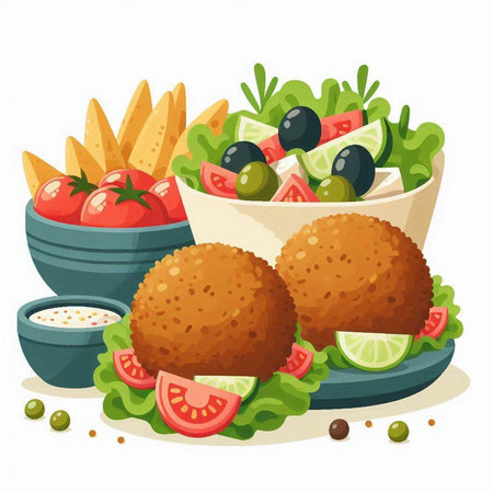 Bowl with vegetable salad and croquettes. Vector illustration.のイラスト素材