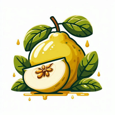 Illustration of a quince fruit with leaves on a white backgroundのイラスト素材