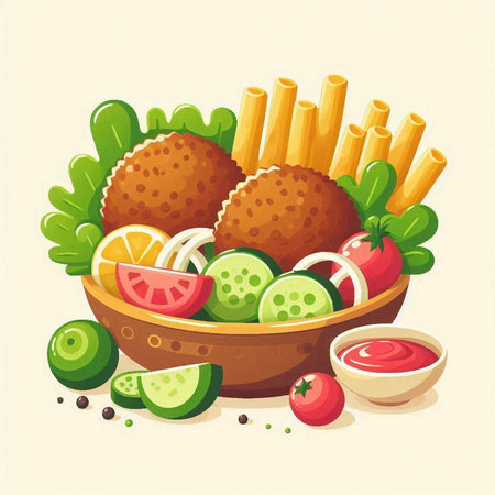 Illustration of a bowl full of fresh vegetables and meat balls.のイラスト素材