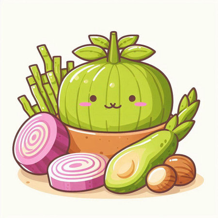 Illustration of Cute Cartoon Vegetables with Avocado and Onionのイラスト素材