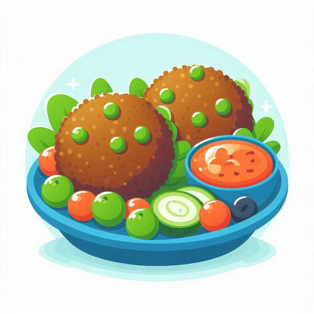 Meatballs with tomato sauce and cucumber salad. Vector illustration.のイラスト素材