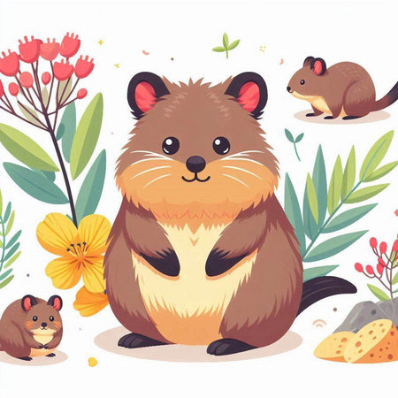 Cute hamster, rat and flowers. Vector illustration. Cute cartoon character.のイラスト素材