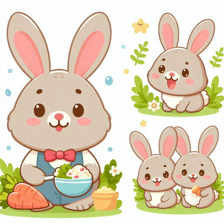 Rabbits and Vegetable Cute Cartoon Vector Illustration Setのイラスト素材